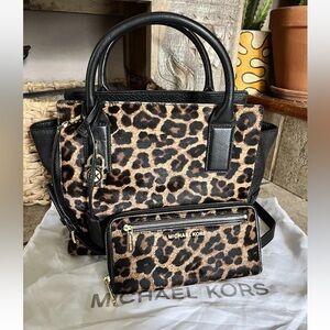 Michael Kors Leopard Print Calf Hair Set Real Fur Genuine Leather Wallet Purse